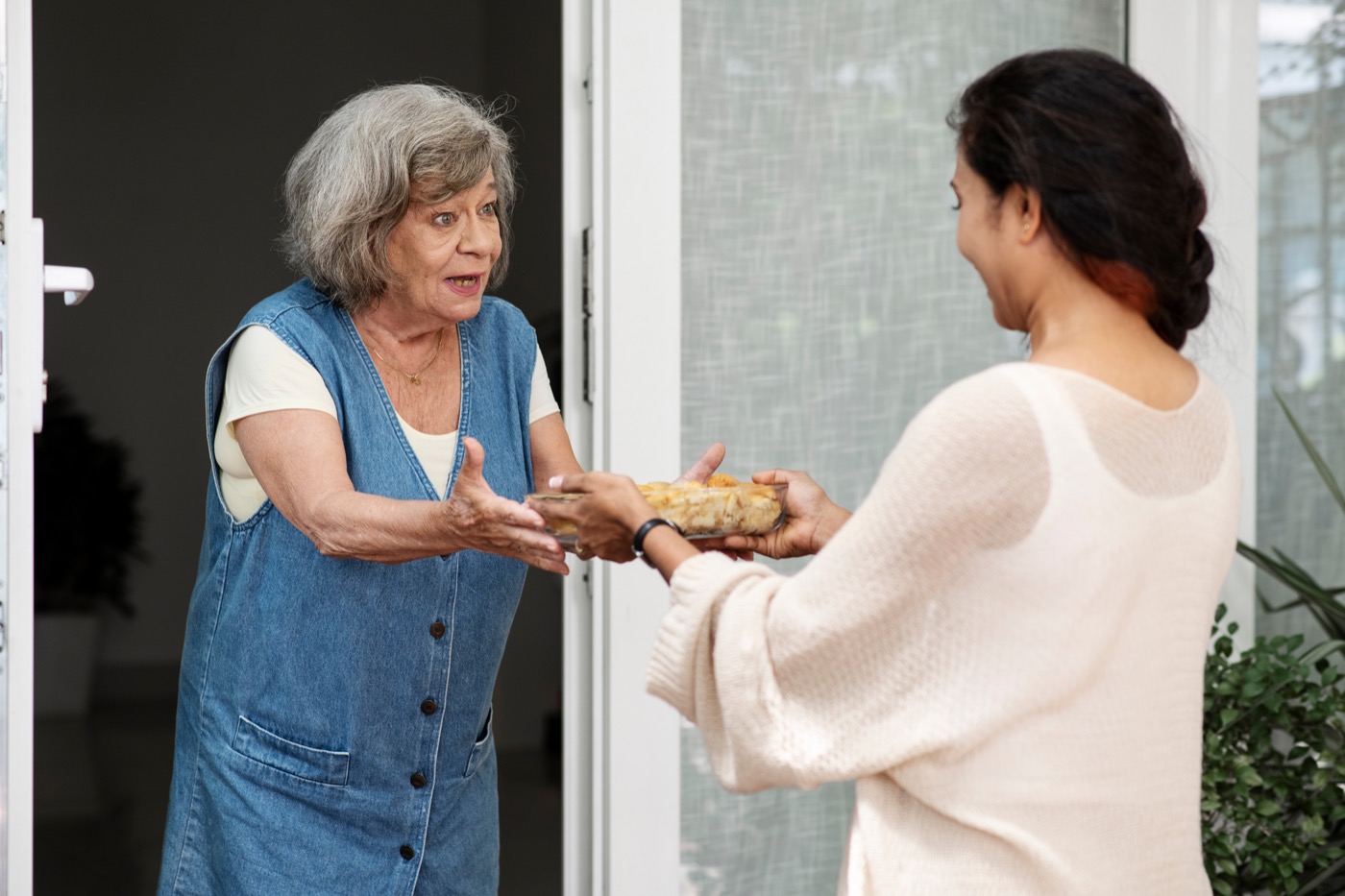A caregiver handing a home-cooked meal to a senior woman at her door